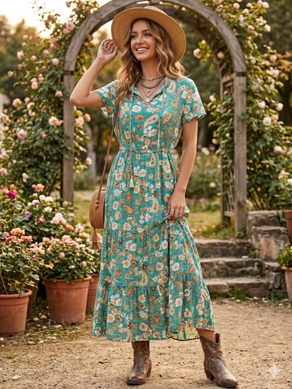 Teal Floral Maxi Dress with Tie Detail